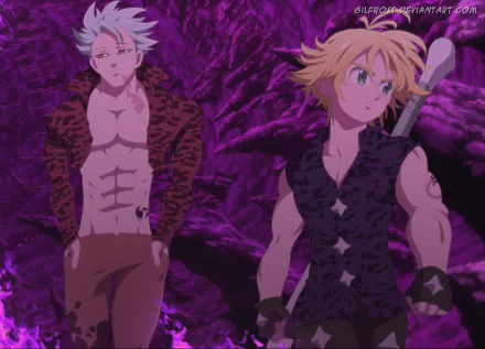 HD anime desktop wallpaper featuring Ban and Meliodas from The Seven Deadly Sins, set against a vivid purple rocky background.
