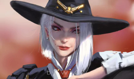 HD PC desktop wallpaper featuring Ashe from the video game Overwatch, showcasing her distinctive white hair, black wide-brimmed hat, and confident expression.