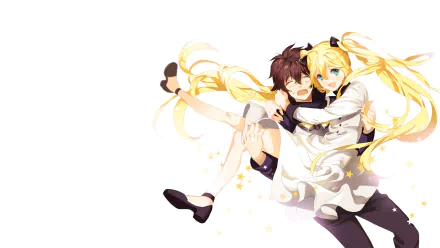 HD PC wallpaper of Leonardo Watch holding White (Blood Blockade Battlefront) in a bright anime scene, blonde ribbons and sparkles against a clean white background