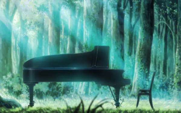 A stunning HD wallpaper featuring a grand piano and chair set in a tranquil forest, illuminated by soft beams of light, creating a serene and magical atmosphere.