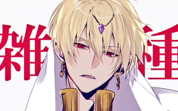 HD PC desktop wallpaper featuring Gilgamesh (Caster) from Fate/Grand Order, showcasing detailed anime-style art with a striking expression and red Japanese text background.