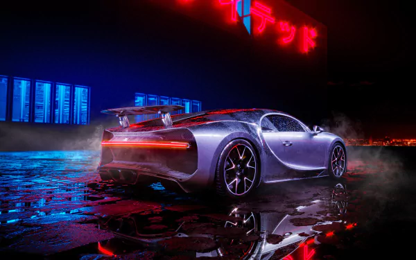 HD desktop wallpaper featuring a sleek Bugatti Chiron with glowing red and blue neon lights reflecting on a wet surface at night.