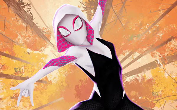 HD wallpaper of Spider-Gwen, aka Gwen Stacy, in a dynamic pose from the movie Spider-Man: Into The Spider-Verse. She is wearing her iconic hooded superhero outfit against a vibrant background.