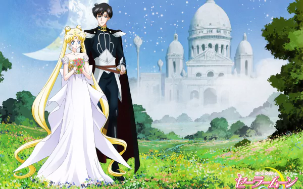 HD anime desktop wallpaper featuring Usagi Tsukino and Tuxedo Mask from Sailor Moon standing in a flower-filled meadow with a grand white castle in the background.