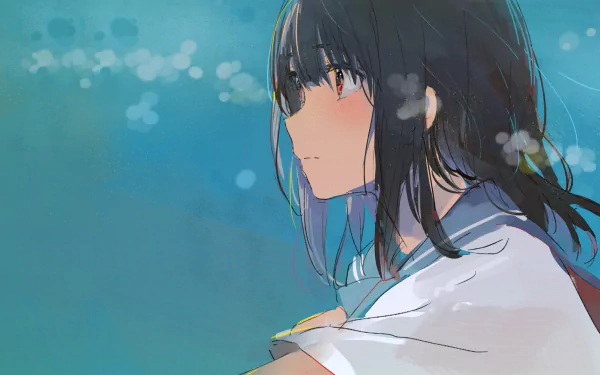 An anime girl in a schoolgirl uniform gazes thoughtfully against a serene, blue-toned background filled with bokeh light effects. This HD desktop wallpaper captures the pensive mood beautifully.