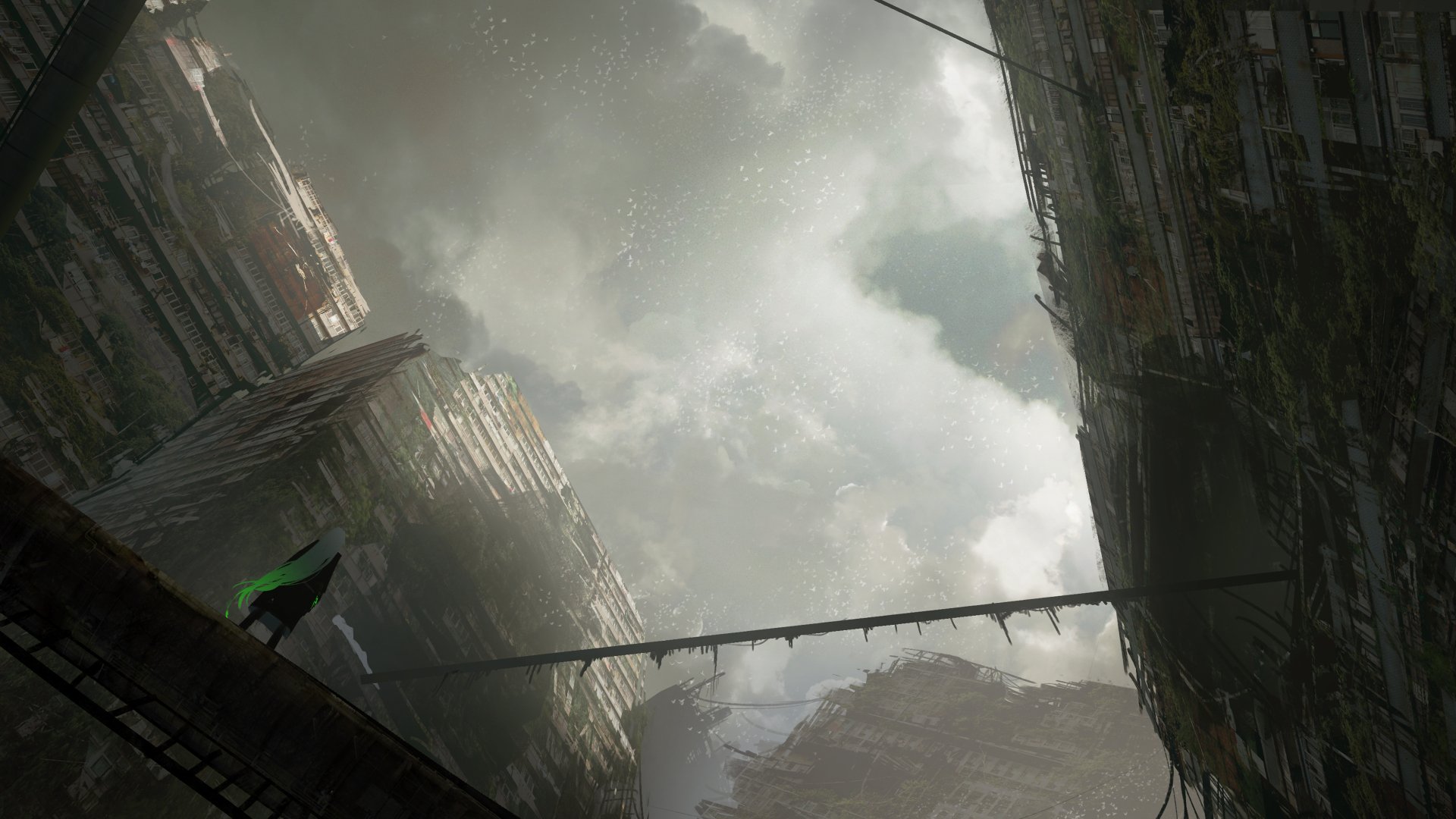 4K Ultra HD anime-style post-apocalyptic cityscape with towering, decayed buildings under a cloudy, ominous sky, viewed from a low angle.