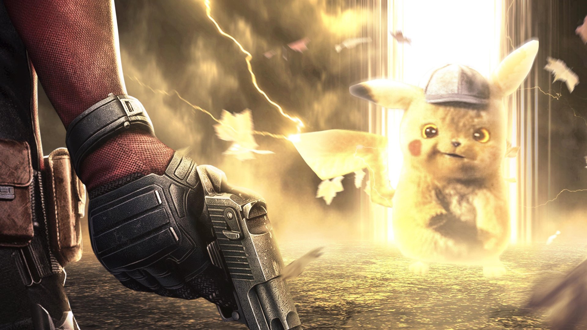 4K Ultra HD PC desktop background: Deadpool's gloved hand and pistol in foreground as Detective Pikachu glows in a doorway amid lightning — cinematic movie crossover.