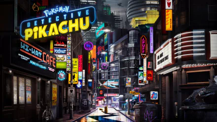 A vibrant city scene from Pokémon Detective Pikachu, featuring neon signs and a bustling urban atmosphere, presented in stunning 8K Ultra HD.
