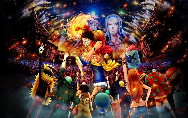 HD PC desktop wallpaper featuring vibrant anime characters from One Piece, including Monkey D. Luffy, Sanji, Zoro, Nami, Usopp, Chopper, Robin, Franky, Brook, and Nefertari Vivi.