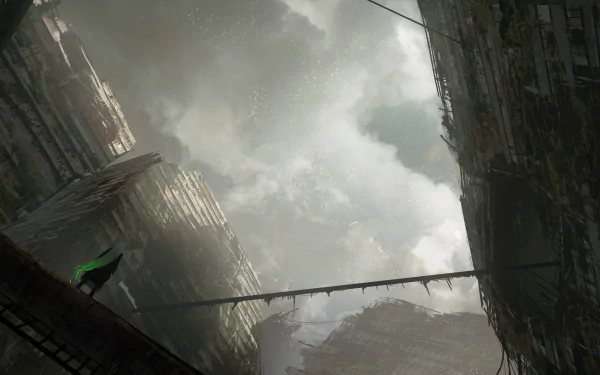 4K Ultra HD anime-style post-apocalyptic cityscape with towering, decayed buildings under a cloudy, ominous sky, viewed from a low angle.