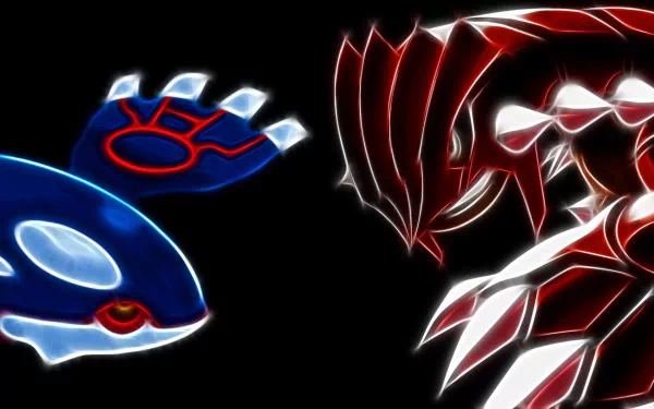 HD desktop wallpaper featuring fractal-inspired artwork of Kyogre and Groudon from the Pokémon video game series on a black background.