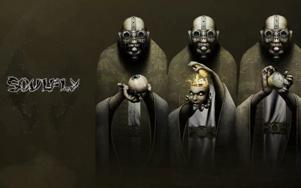 4K Ultra HD PC desktop wallpaper featuring Soulfly-inspired dark, surreal figures with metallic masks, blending music and art in a striking visual style.