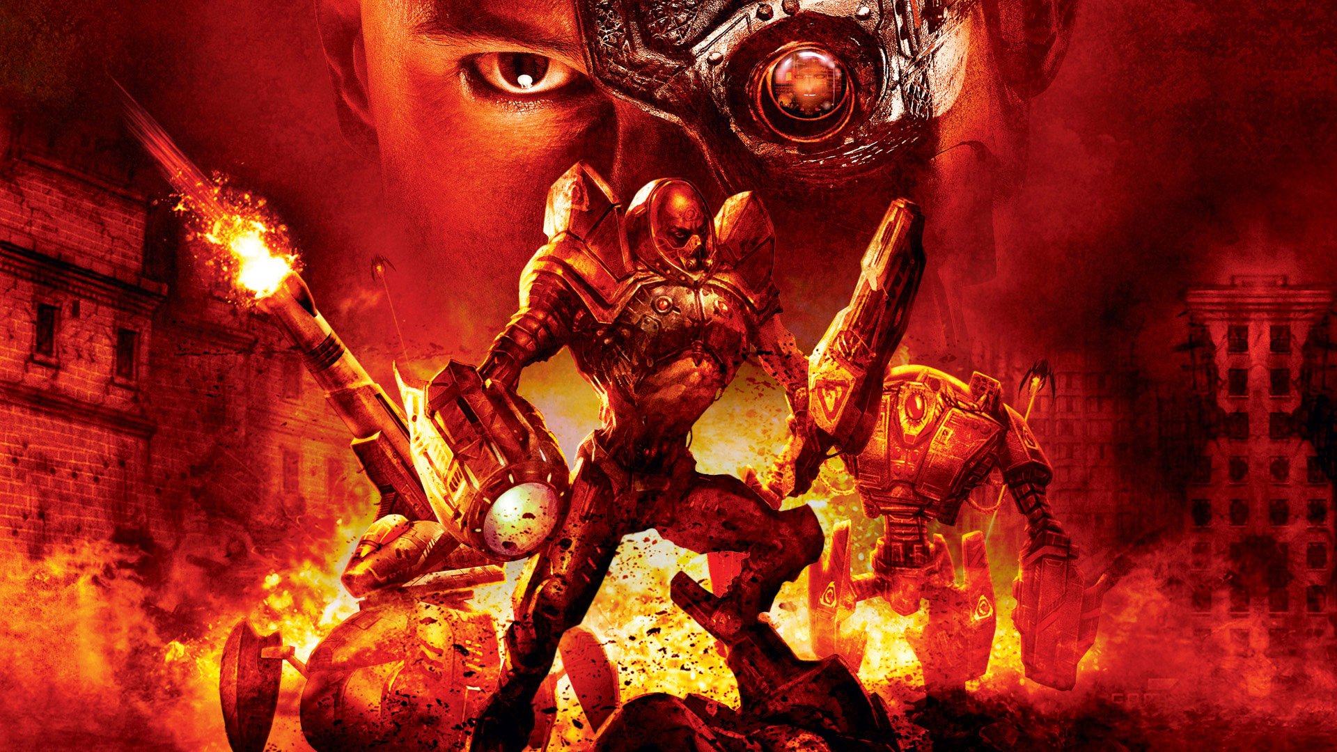 HD sci-fi war scene showing armored soldiers in battle amid fiery destruction, with a close-up of a cyborg eye in the background.