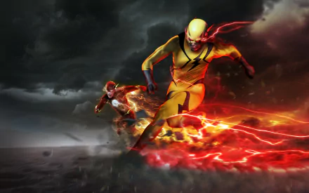 2K Quad HD PC desktop wallpaper and background: comic scene of Reverse-Flash sprinting ahead with red lightning, Flash in pursuit across stormy skies.