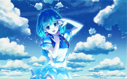 Anime character Ranka Lee from Macross Frontier stands against a vibrant blue sky with fluffy clouds in this HD desktop wallpaper and background.