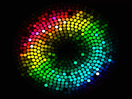 A vibrant abstract circle composed of colorful dots arranged in a gradient pattern on a black background, designed as a 4K Ultra HD PC desktop wallpaper.