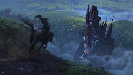 A fantasy-themed HD desktop wallpaper showing a rider on horseback on a path overlooking a mysterious, grand house surrounded by mist and lush greenery.