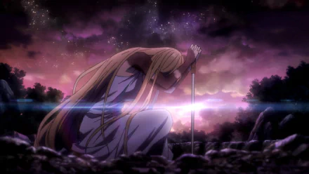 HD anime wallpaper from Noragami depicting a character kneeling with a staff under a starry, purple-hued night sky in a dramatic, atmospheric scene.