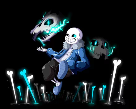 HD PC desktop wallpaper featuring Sans from the video game Undertale, surrounded by glowing bones and mystical blue flames on a dark background.
