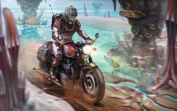 A Triumph motorcycle rider in sci-fi armor speeds through an alien landscape, captured in a vibrant HD PC desktop wallpaper background.