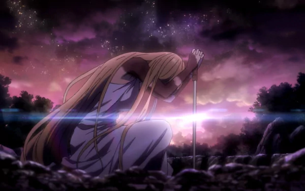 HD anime wallpaper from Noragami depicting a character kneeling with a staff under a starry, purple-hued night sky in a dramatic, atmospheric scene.