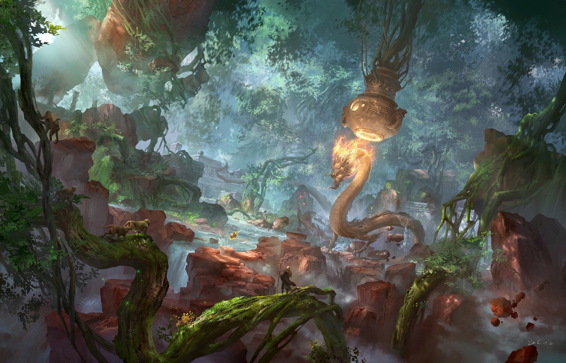 HD PC desktop wallpaper and background: fantasy scene of a lone monk in misty ancient forest ruins as a serpentine dragon coils above, glowing lanterns and moss-covered stones.