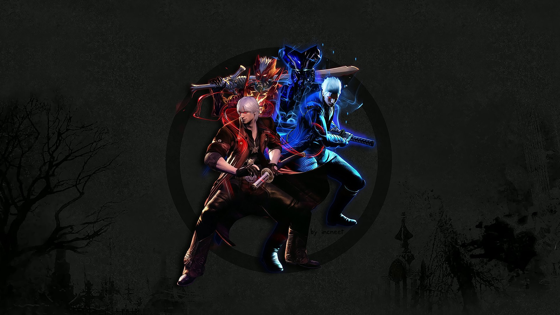 HD PC desktop wallpaper of Vergil and Dante from the video game Devil May Cry 4, back-to-back wielding swords with dramatic red and blue lighting on a dark background.