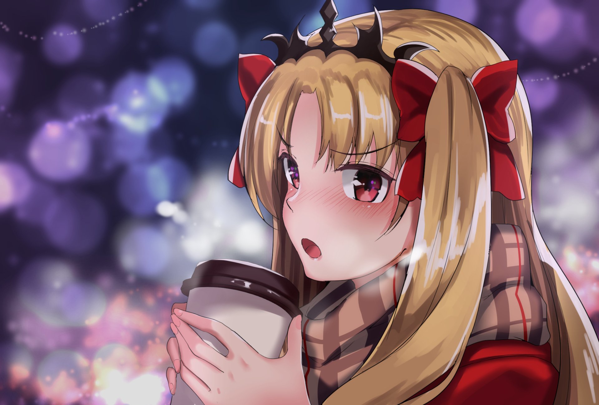 HD anime desktop wallpaper featuring Ereshkigal from Fate/Grand Order, depicted with long blonde hair, red eyes, and a cozy scarf, holding a cup in a softly blurred background.