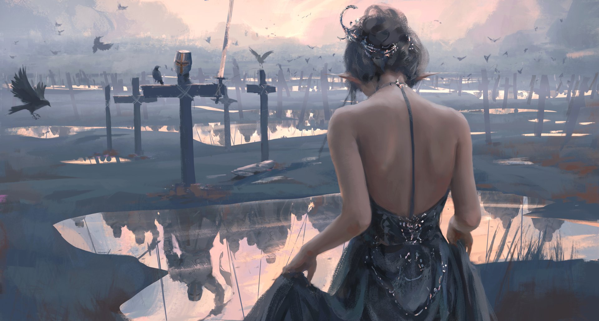 HD desktop wallpaper featuring a female elf in a black gown viewing a mystical graveyard with crows and spectral figures, from Yan Haiqin's comic GhostBlade.