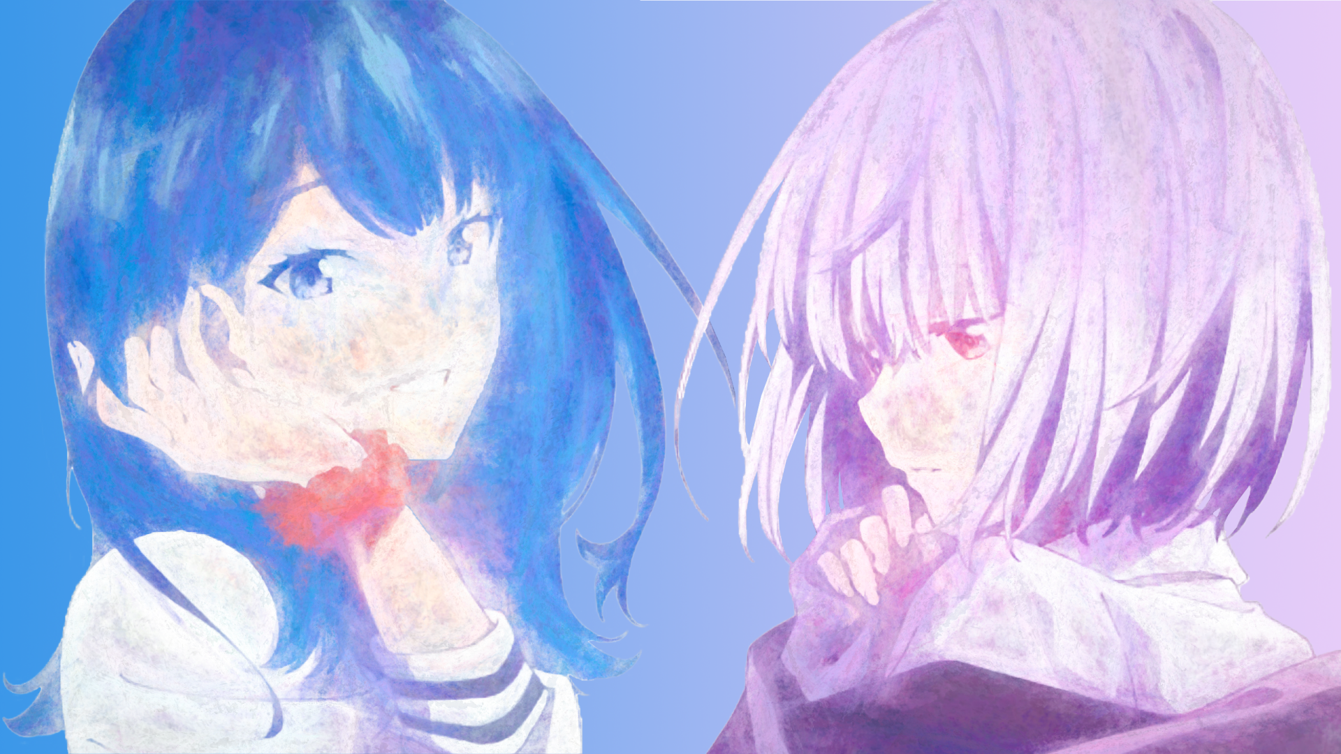 HD PC desktop wallpaper featuring Akane Shinjou and Rikka Takarada from the anime SSSS.Gridman in a soft, painterly style with a calming purple and blue palette.