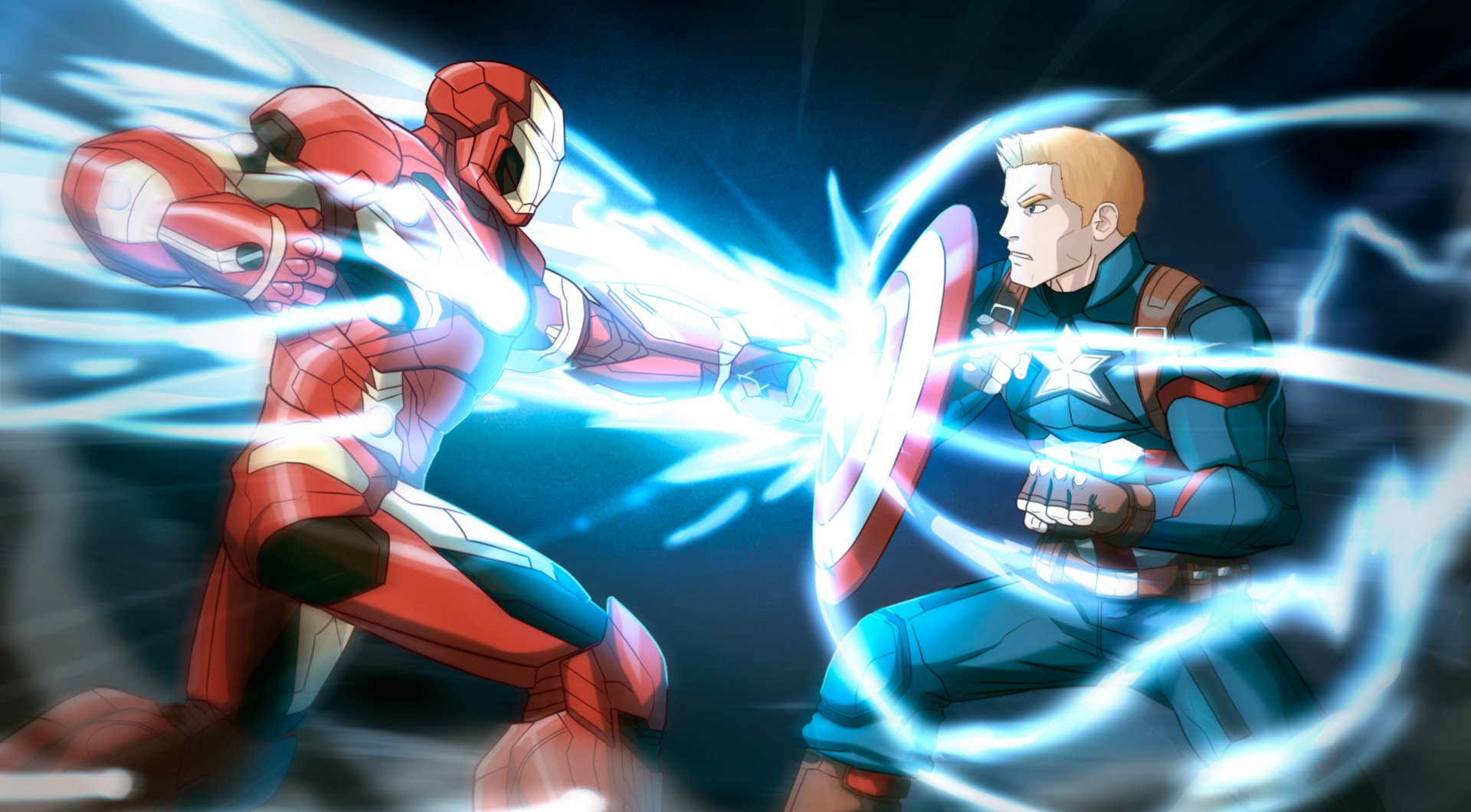 4K Ultra HD PC wallpaper: Captain America and Iron Man clash in Captain America: Civil War — Cap blocks a bright blue energy blast with his shield.