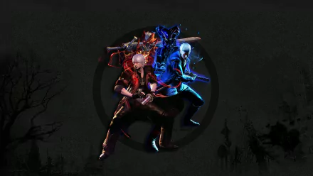 HD PC desktop wallpaper of Vergil and Dante from the video game Devil May Cry 4, back-to-back wielding swords with dramatic red and blue lighting on a dark background.