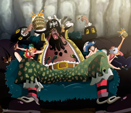 Marshall D. Teach (Blackbeard) from One Piece anime, roaring on a throne with crewmates around him — HD PC desktop wallpaper and background.