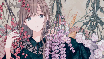 HD desktop wallpaper featuring an anime girl with long hair, surrounded by climbing flowers and leaves, creating a serene and elegant background.