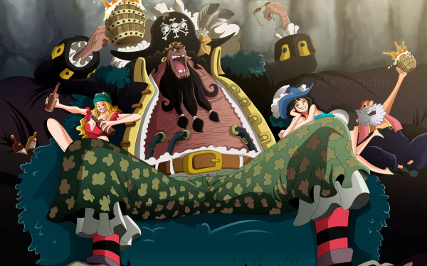 Marshall D. Teach (Blackbeard) from One Piece anime, roaring on a throne with crewmates around him — HD PC desktop wallpaper and background.
