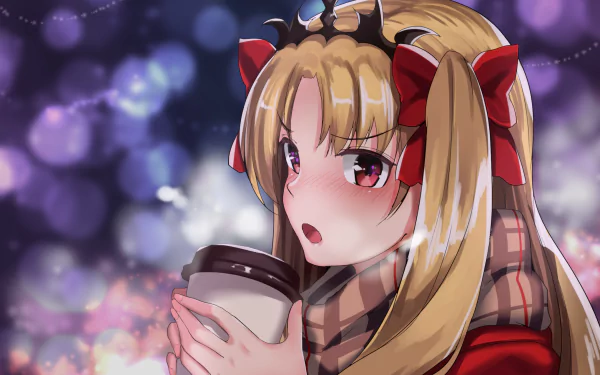 HD anime desktop wallpaper featuring Ereshkigal from Fate/Grand Order, depicted with long blonde hair, red eyes, and a cozy scarf, holding a cup in a softly blurred background.