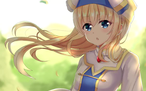 HD PC desktop wallpaper featuring Priestess from the anime Goblin Slayer, showcasing her with flowing blonde hair and a serene expression against a soft, natural background.