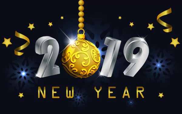 4K Ultra HD New Year 2019 desktop wallpaper featuring silver numbers with a golden bauble and festive ribbons against a dark holiday background.