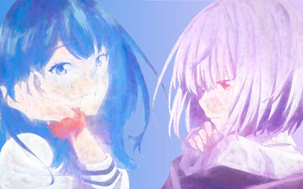 HD PC desktop wallpaper featuring Akane Shinjou and Rikka Takarada from the anime SSSS.Gridman in a soft, painterly style with a calming purple and blue palette.