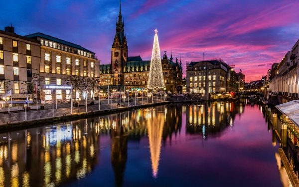 Man Made Hamburg Cities Germany City Reflection Christmas Tree River HD Wallpaper | Background Image