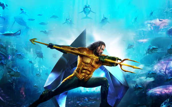 HD PC desktop wallpaper of Jason Momoa as Aquaman, wielding his trident underwater with sea creatures surrounding him in a dynamic movie-inspired scene.