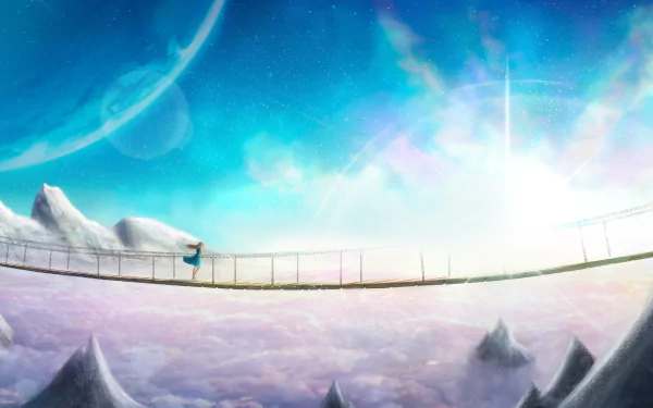 HD anime desktop wallpaper featuring a serene sky and a bridge stretching over mist-covered mountains, creating a tranquil background scene.