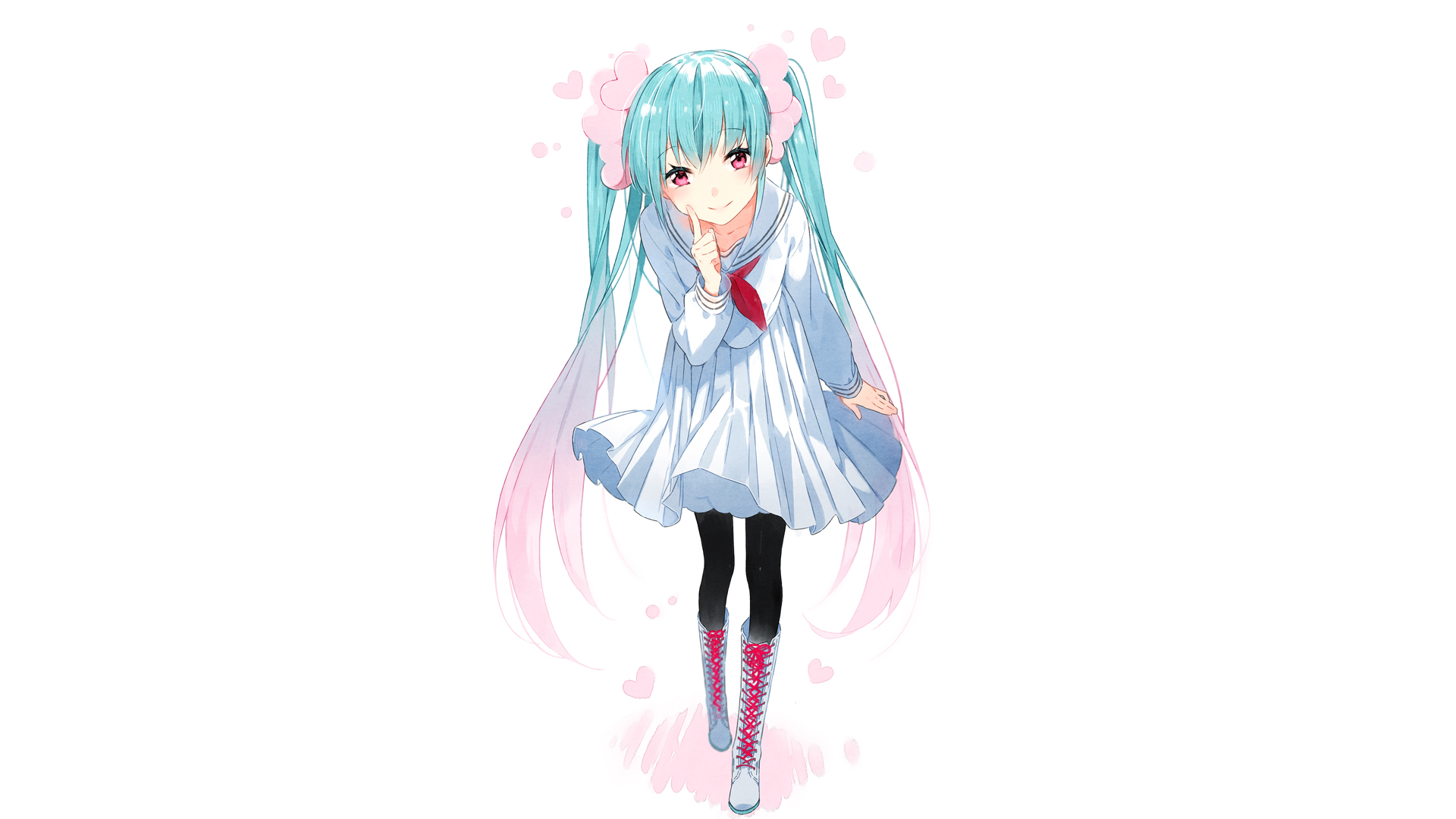 HD anime desktop wallpaper featuring Hatsune Miku from Vocaloid with her signature turquoise twin-tails and a white dress, set against a soft pastel background.