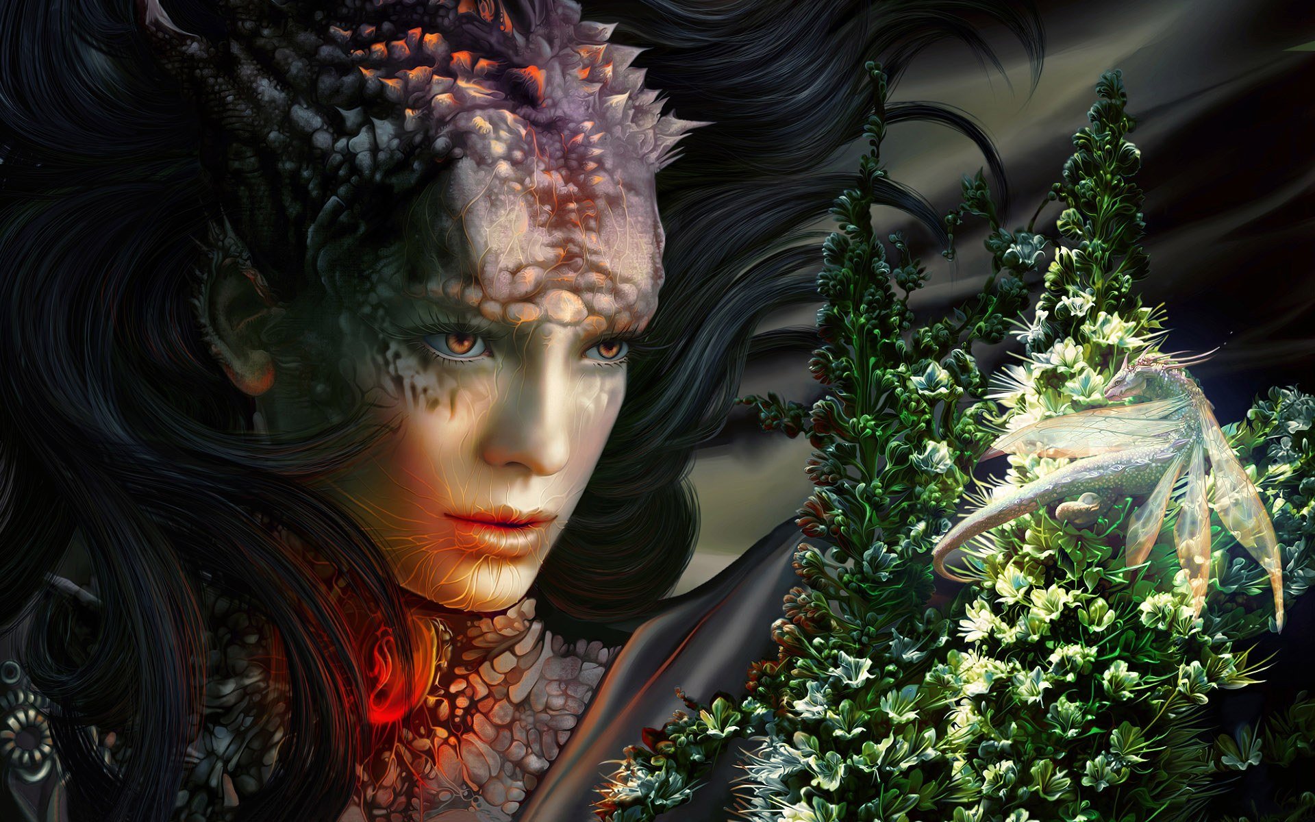 A high-definition fantasy wallpaper featuring a woman with a dragon-like appearance and long dark hair, gazing intently at a glowing creature amidst lush greenery.