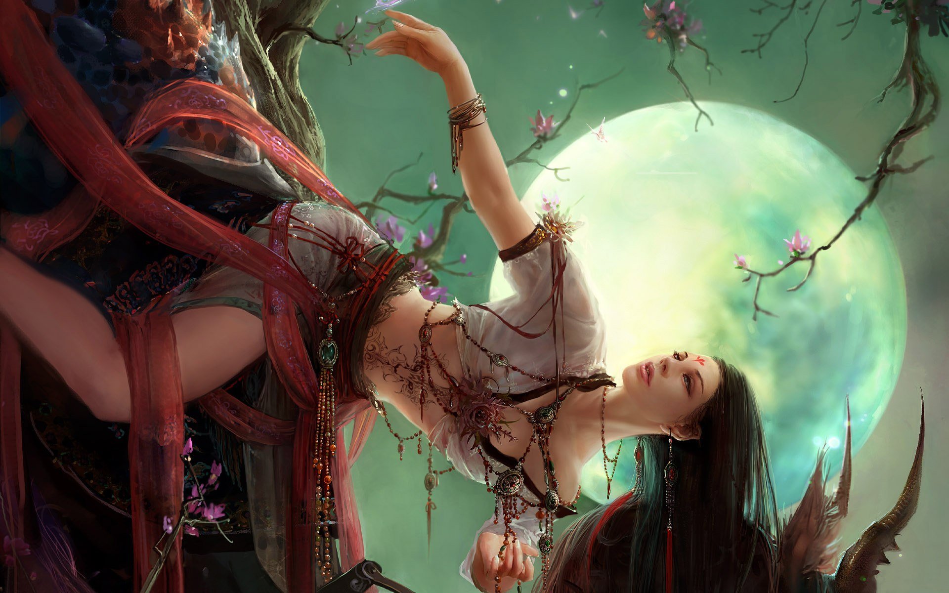 A captivating fantasy scene featuring a woman entwined in vines under a glowing moon, set against a mystical landscape. An enchanting HD desktop wallpaper.
