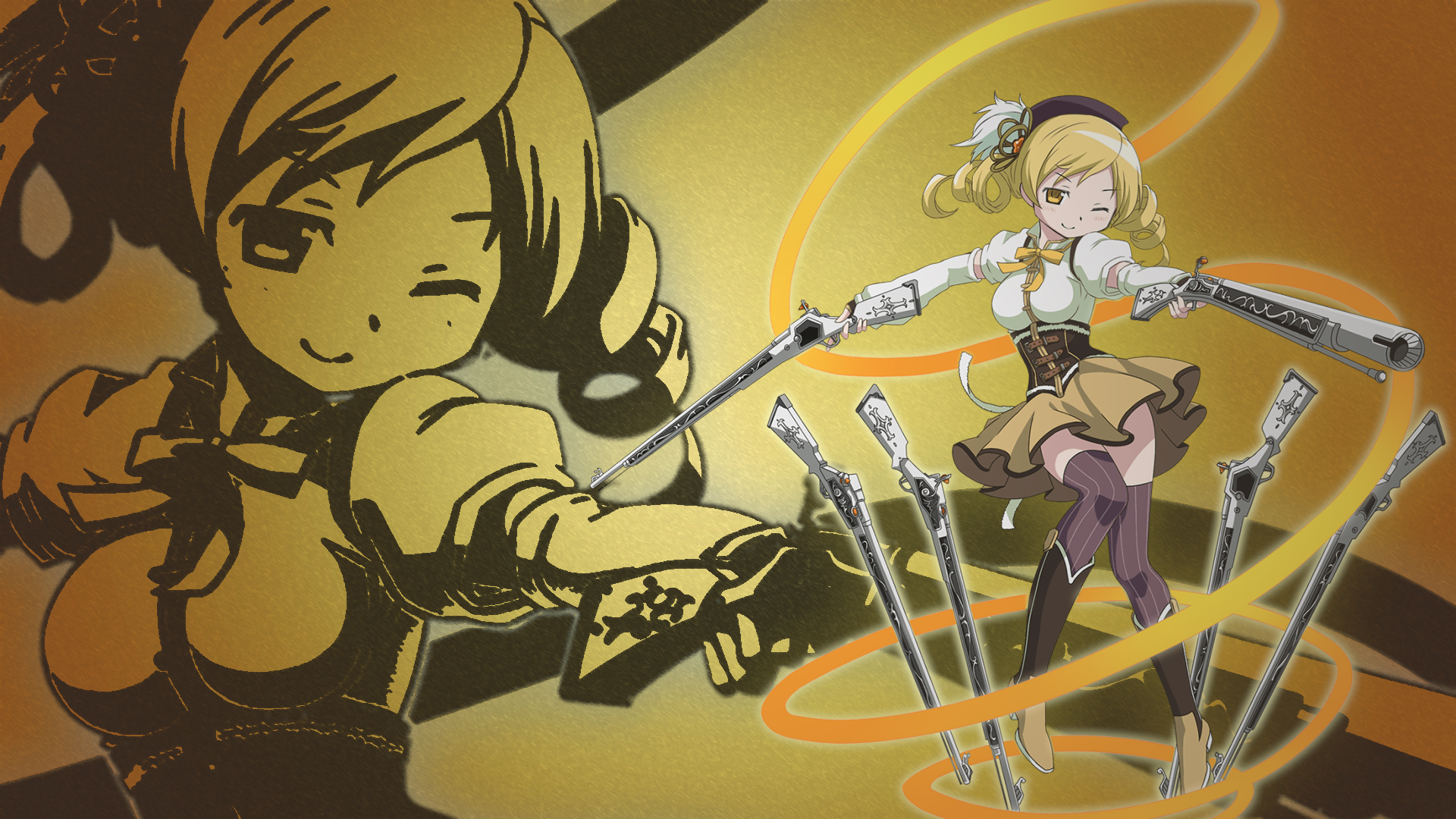 HD PC wallpaper of Mami Tomoe from Puella Magi Madoka Magica: poised with spinning muskets and flowing ribbons against a warm golden background with a stylized silhouette.
