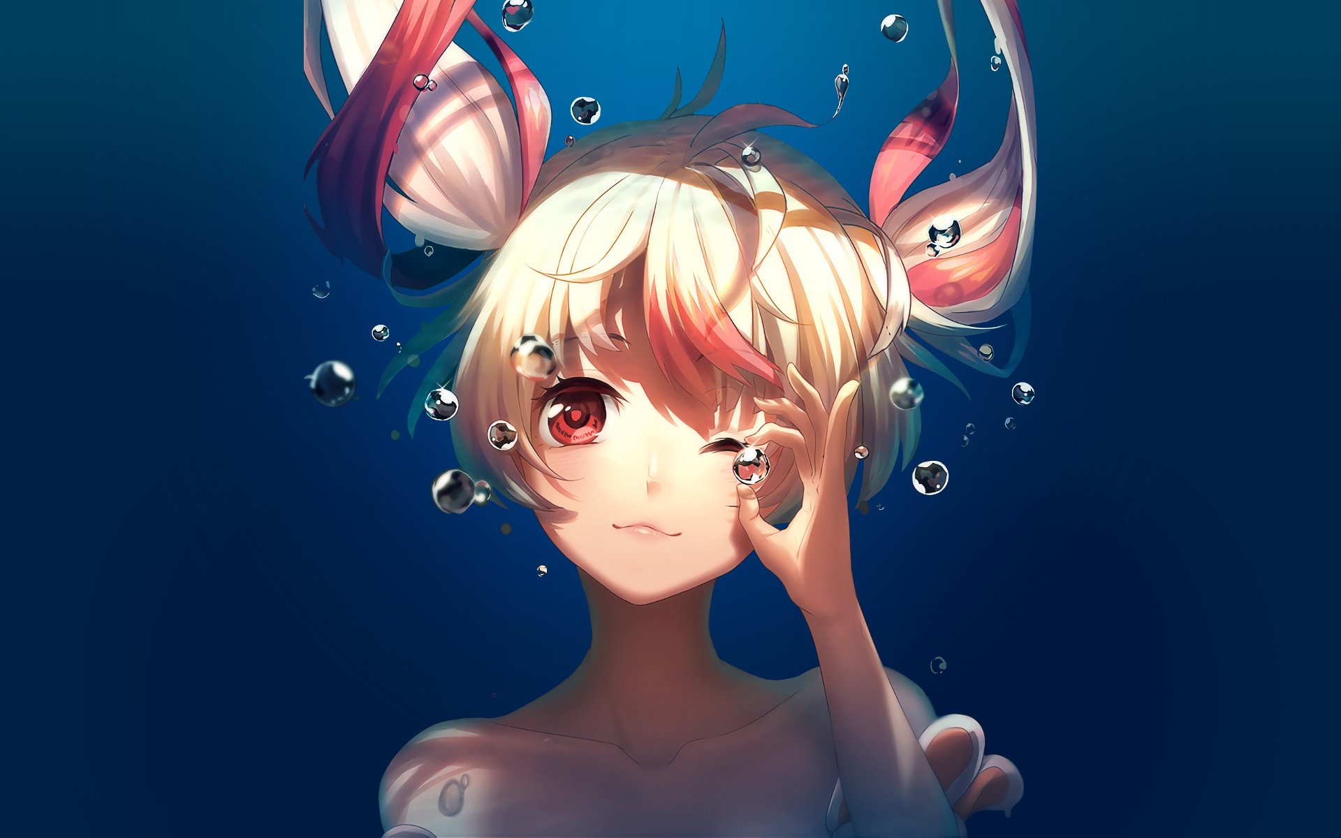 Anime character with light hair and red-tinted eyes from Gonna be the Twin-Tail!! underwater surrounded by bubbles; an HD desktop wallpaper and background.
