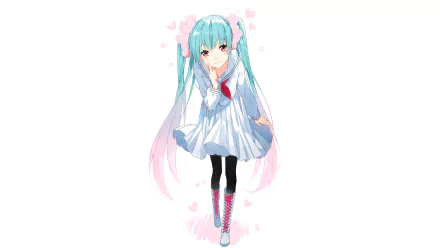 HD anime desktop wallpaper featuring Hatsune Miku from Vocaloid with her signature turquoise twin-tails and a white dress, set against a soft pastel background.