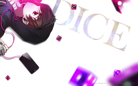 HD PC desktop wallpaper featuring an anime character from DICE: The Cube That Changes Everything, surrounded by glowing dice and a minimalist white background.