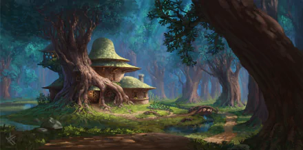 A fantasy forest scene showcasing a whimsical house nestled among giant trees, designed as an HD PC desktop wallpaper and background.